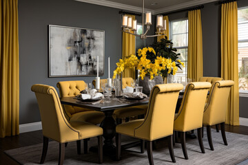 An Elegant and Inviting Dining Room with a Captivating Blend of Yellow and Gray Colors, Stylish Furniture, Cozy Lighting, and Spacious Windows Creating a Luxurious and Harmonious Ambiance