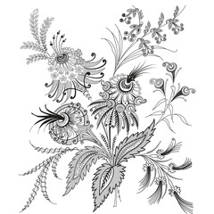 Black and white floral artwork on a minimalist white background