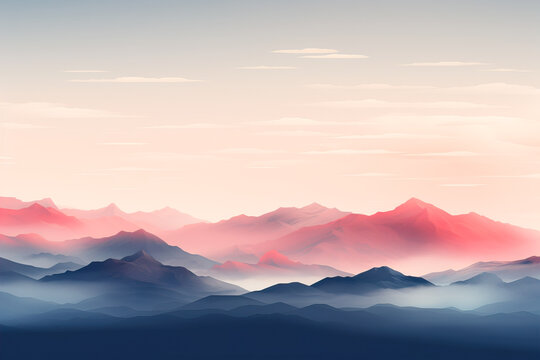 Generative AI illustration of landscape with red and blue ink mountains in daylight against cloudy white sky