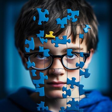A photo of a boy made out of puzzle pieces for autism awareness,