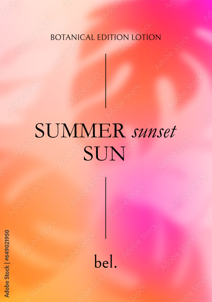 Aufkleber Bright Tropical Gradient Background with Palm Leaves. Vector Neon Colored Poster. Abstract Bg with Tropical Elements Overlay. Blurred Monstera Leaves Design for Posters, Banners and Packaging