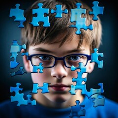 A photo of a boy made out of puzzle pieces for autism awareness.