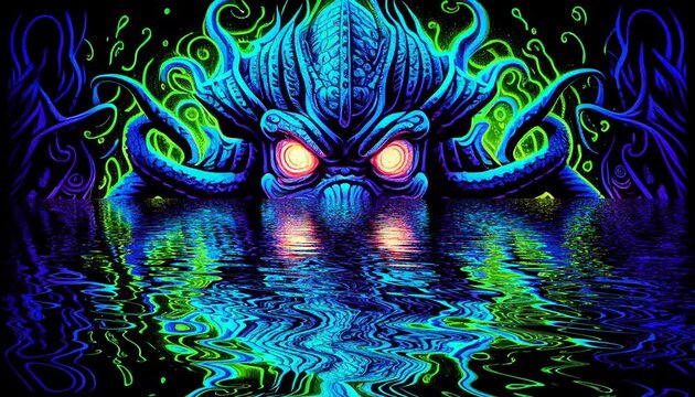 Cthulhu Trippy Blacklight Poster Style VJ Seamless Animation Looping Video Neon Colors Strange Nightmare Gods HP Lovecraft Halloween Monsters Tentacle Sea Kraken Otherworldly Alien Scifi Fantasy