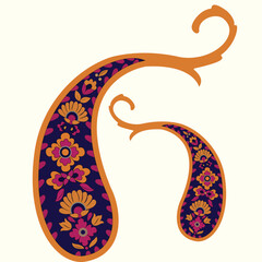 A colorful paisley paisley design with orange and purple flowers