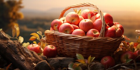 AI Generated. AI Generative. Autumn fall fresh organic red apples in wooden basket. Graphic Art