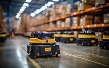 Automated Robot Carriers In Smart Distribution Warehouse. Generative AI