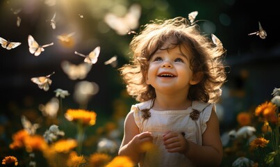A little girl sits among flowers, laughs, playfully catches butterflies. Bright happiness, joy, and spring in children games in the meadow.