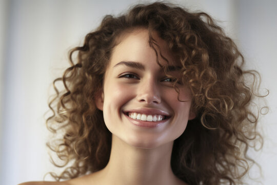 Woman with curly hair smiling directly at camera. This image can be used to depict happiness, positivity, and confidence. Suitable for various projects and designs.