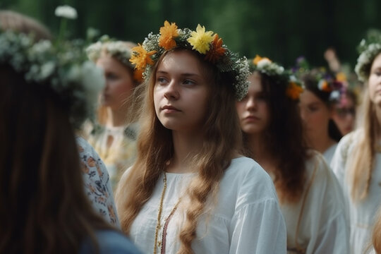 Saint John's Festival (Jonines, Saint John's Day, Ivana kupala) midsummer pagan folk festival illustration. Celebrated on June 24. Beautiful woman portrait. Generative AI