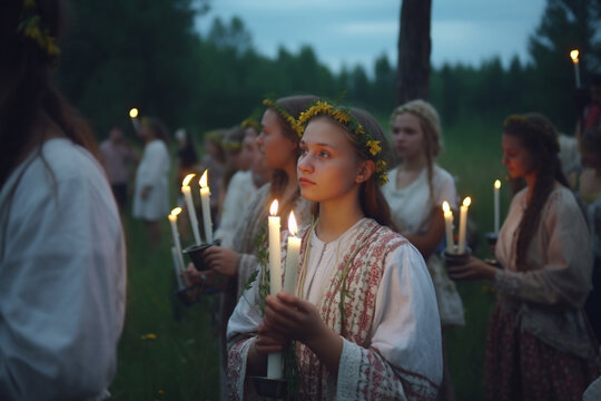 Saint John's Festival (Jonines, Saint John's Day, Ivana kupala) midsummer pagan folk festival illustration. Celebrated on June 24. Beautiful woman portrait. Generative AI