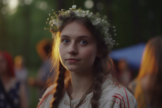 Saint John's Festival (Jonines, Saint John's Day, Ivana kupala) midsummer pagan folk festival illustration. Celebrated on June 24. Beautiful woman portrait. Generative AI