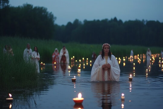 Saint John's Festival (Jonines, Saint John's Day, Ivana kupala) midsummer pagan folk festival illustration. Celebrated on June 24. Beautiful woman in lake portrait. Generative AI