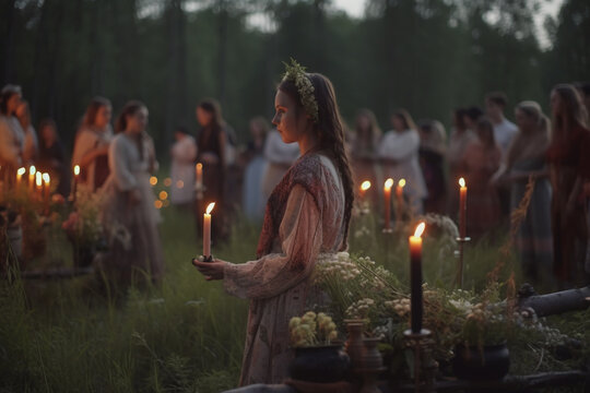 Saint John's Festival (Jonines, Saint John's Day, Ivana kupala) midsummer pagan folk festival illustration. Celebrated on June 24. Beautiful woman portrait. Generative AI