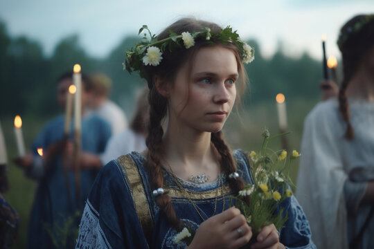Saint John's Festival (Jonines, Saint John's Day, Ivana kupala) midsummer pagan folk festival illustration. Celebrated on June 24. Beautiful woman portrait. Generative AI