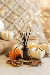 Concept of cozy fall home atmosphere, aromatherapy. Perfume, appartment aroma diffuser with autumn scent of pumpkin spicy latte, cinnamon, anise. Room decor with pumpkins, dry orange, wool plaid