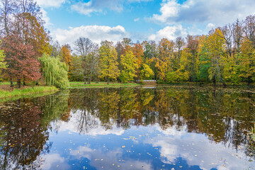 Autumn landscape with colourful trees in a park with reflection in a pond