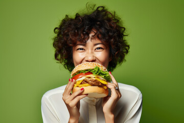 Woman holding hamburger in front of her face. This image can be used for food and...
