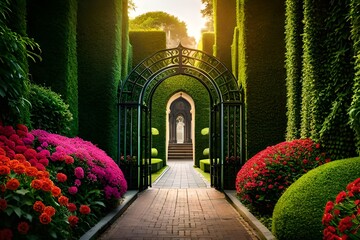 Fototapeta premium a tranquil image of a secret garden hidden behind a wrought iron gate, filled with colorful flowers and a lush, green labyrinth 