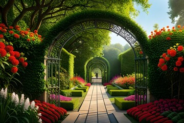  a tranquil image of a secret garden hidden behind a wrought iron gate, filled with colorful flowers and a lush, green labyrinth 