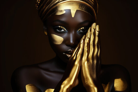 Woman with gold paint on her face and hands. This striking image can be used for beauty and skincare concepts or for artistic and creative projects.