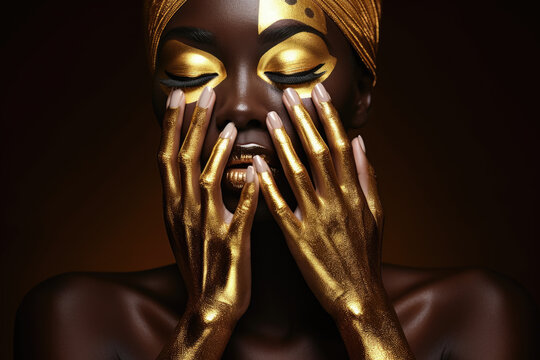Close-up image of person with gold paint on their face. This picture can be used for various creative projects and events.