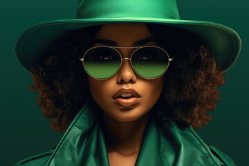 Woman wearing green hat and sunglasses. This picture can be used for fashion blogs, summer advertisements, or outdoor lifestyle articles.