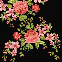 Beautiful pink flowers and green leaves on a black background