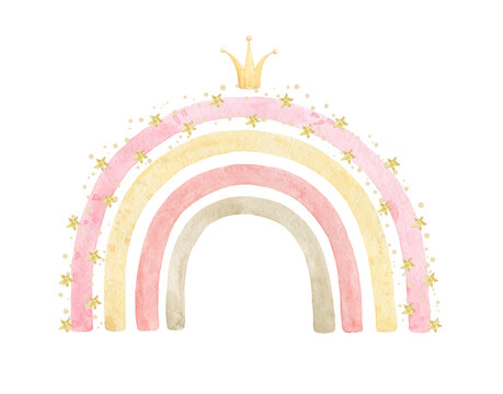 Cartoon pink rainbow with stars.