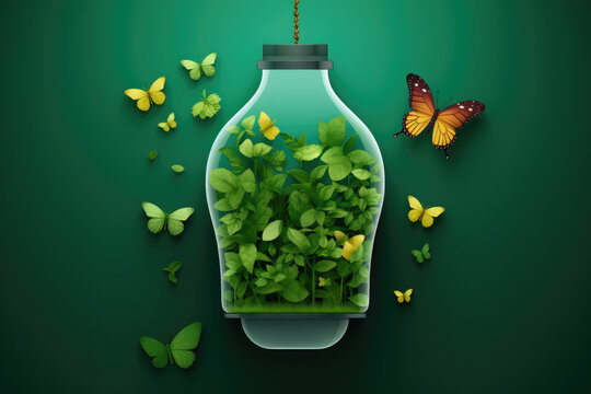 Glass jar filled with vibrant green plants and colorful butterflies. This image can be used to depict nature, growth, or beauty of natural world.