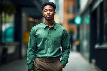 Portrait of a handsome young African American man in the city Selective focus.  - obrazy, fototapety, plakaty