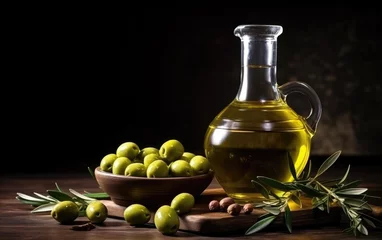  Green olives and olive oil with space for copy. Generative AI © piai