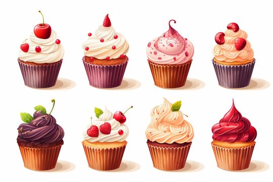 A set of cupcakes on a white background decorated with berries
