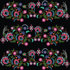 Colorful border of flowers and leaves on a black background