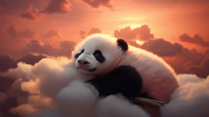 Deurstickers A panda bear sitting on top of a pile of clouds © Maria Starus
