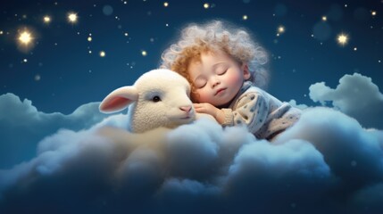 Obraz premium A little girl is sleeping with a stuffed sheep