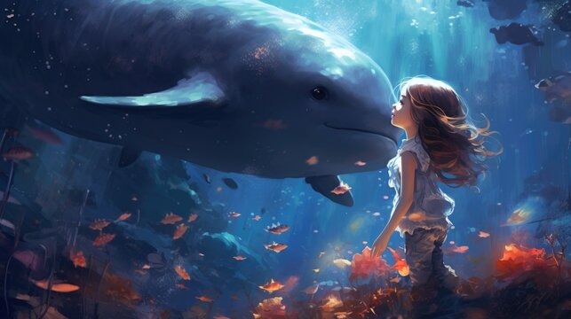 A little girl standing in front of a whale