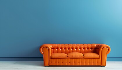 Orange Quilted Leather Sofa on Blue Background, Space for Copy, Background for Business and Interior