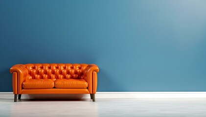 Orange Quilted Leather Sofa on Blue Background, Space for Copy, Background for Business and Interior