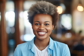 Obraz premium Woman with afro hairstyle smiling directly at camera. Suitable for use in diverse and inclusive marketing campaigns.