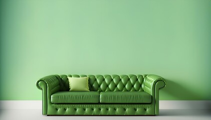 Green Quilted Leather Sofa on Light Green Background, Space for Copy, Background for Business and Interior