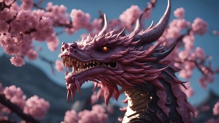 Horned Chinese dragon near a blooming cherry tree, head and shoulders