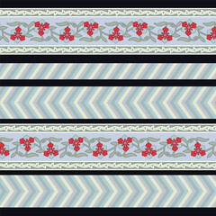 A striped pattern border with flowers and leaves on it