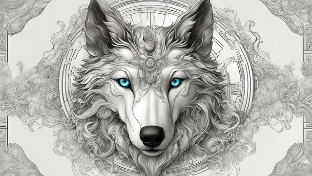 wolf head sketch pencil style with blue eyes