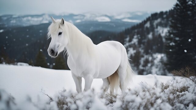 white horse in winter on a forested mountain