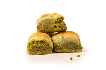 Turkish pistachio baklava isolated on white background.