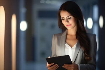 Woman dressed in suit holding tablet computer. This professional image can be used to depict modern technology, business communication, or digital work.