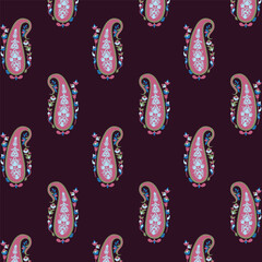A pattern of pink and blue paisley on a purple background