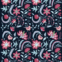 Beautiful pink and blue flowers on a dark background, floral pattern
