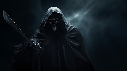 Fototapeta na wymiar The Grim Reaper extending its hand towards the camera against a dark background