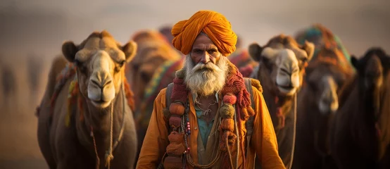 Rolgordijnen Indian men on camels in deserts of india © olegganko